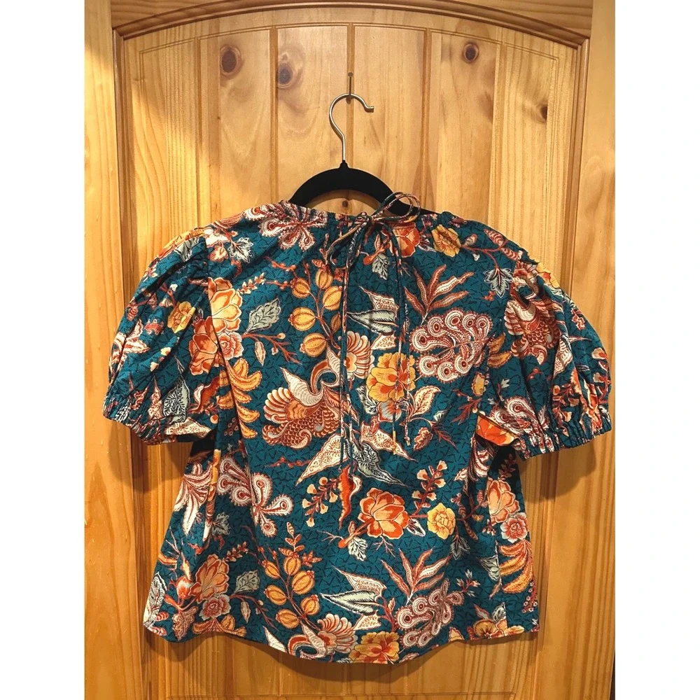 Ulla Johnson Frances Top Teal Floral Batik Puff Sleeve Cotton Blouse‎ Size 4